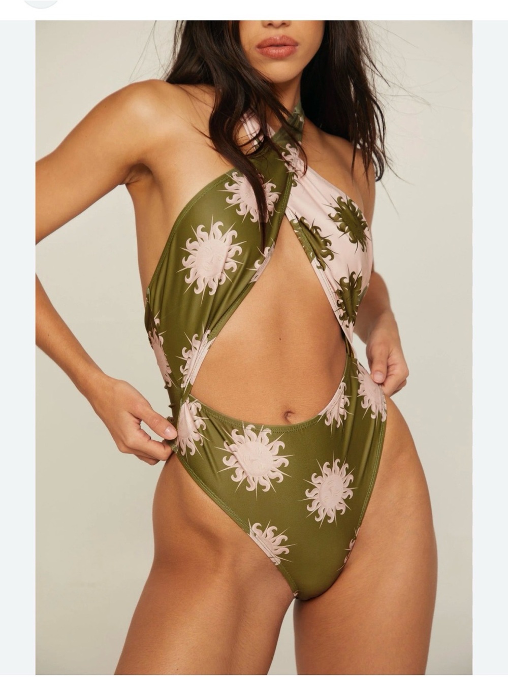 Nasty Gal Olive Green & Pale Pink Cutout One-Piece Swimsuit